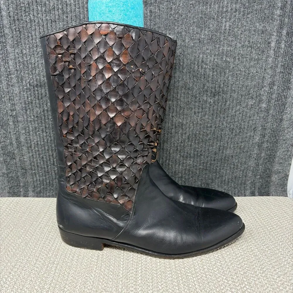 Lorenzo Banfi Woven Mid Calf Leather Boots Black Brown Italy Mens 12